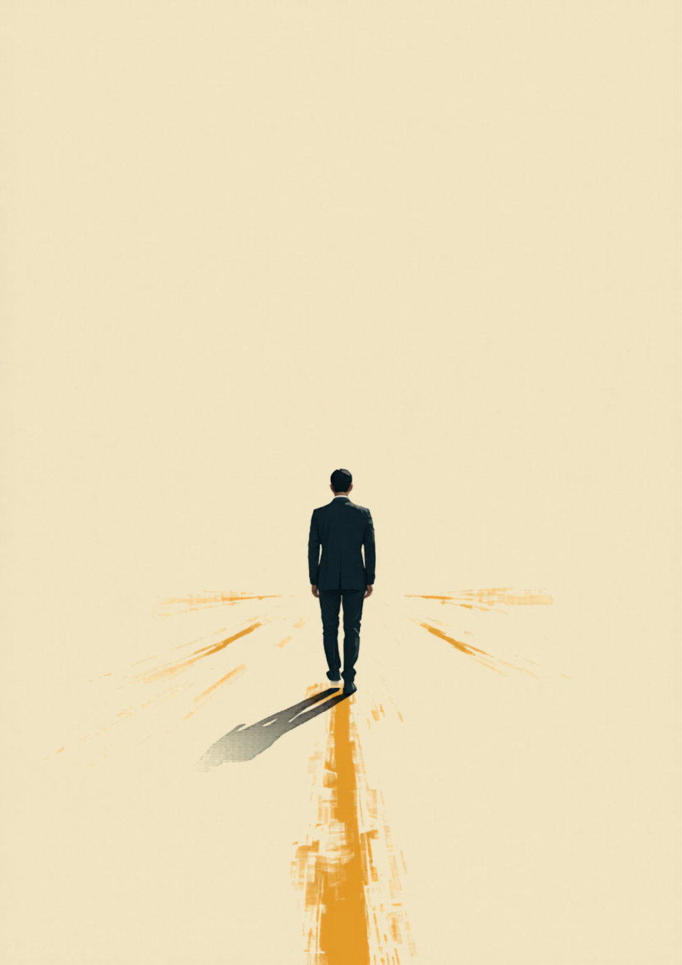 Painting: a person walks along a bright road, with golden lines spreading out from their steps