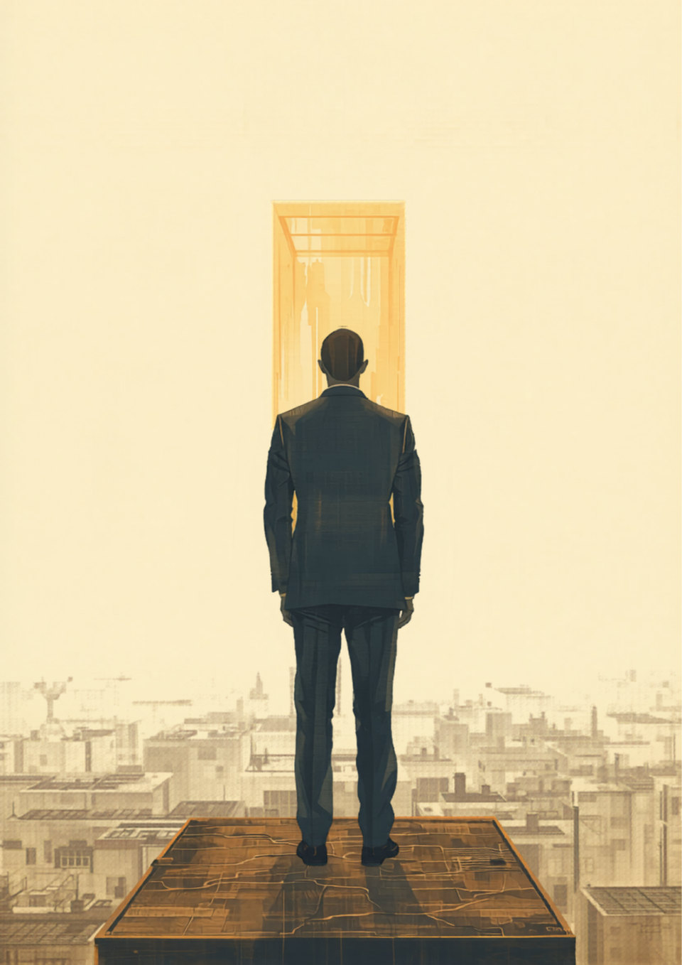 Painting: a person stands on a rooftop above the city, with a glowing golden frame above them