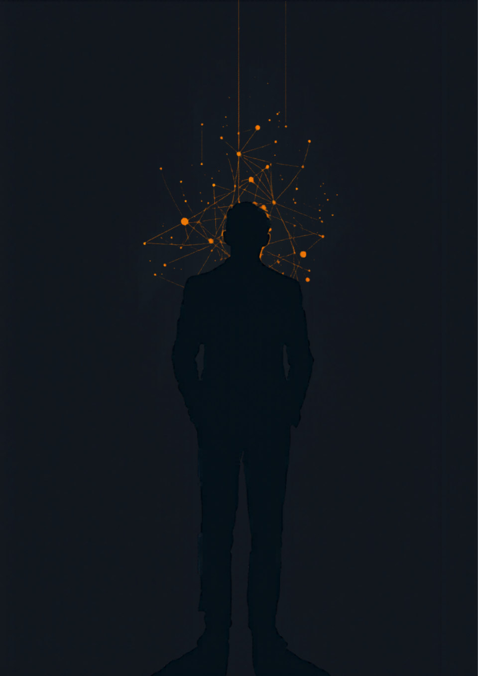 Painting: the silhouette of a person in darkness, with a golden constellation of connected points overhead