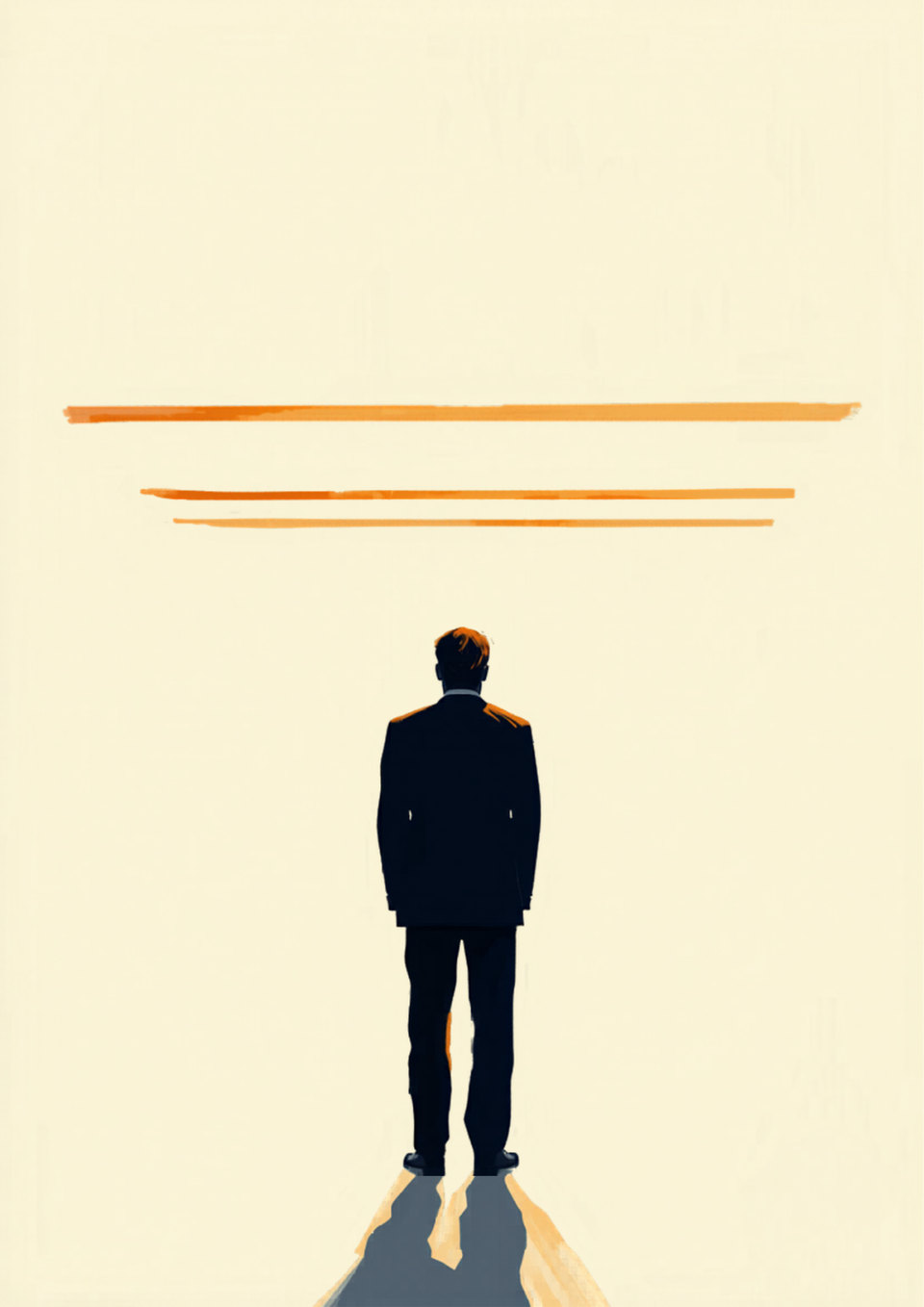 Painting: a person in a business suit stands with their back to the viewer under three horizontal golden lines