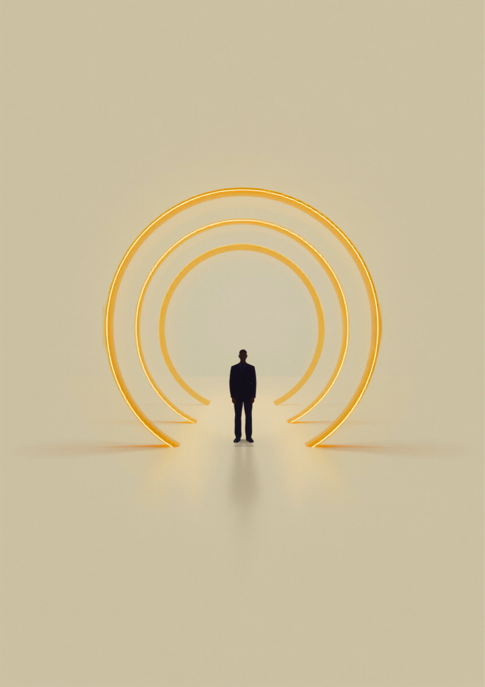 Painting: a small human figure at the center of golden concentric arches on a light background